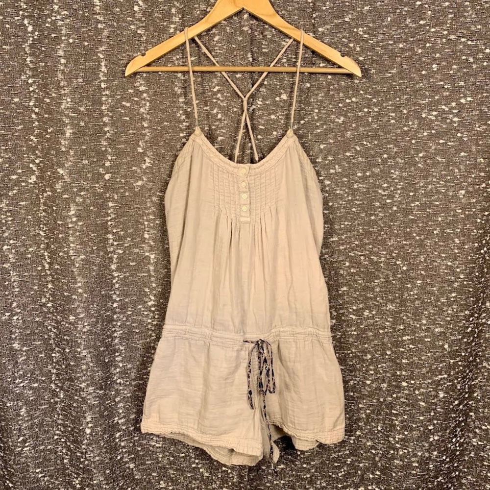 American Eagle Womens Beige Gauze Henley Romper Shorts Racerback Boho
